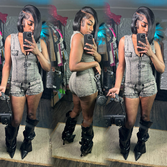 “Make You look Twice” denim stretch romper