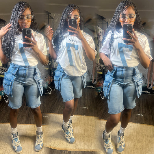 STRETCH DENIM CARGO JORTS