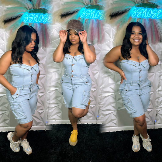 “Got Ya Looking For Me” denim Cargo romper